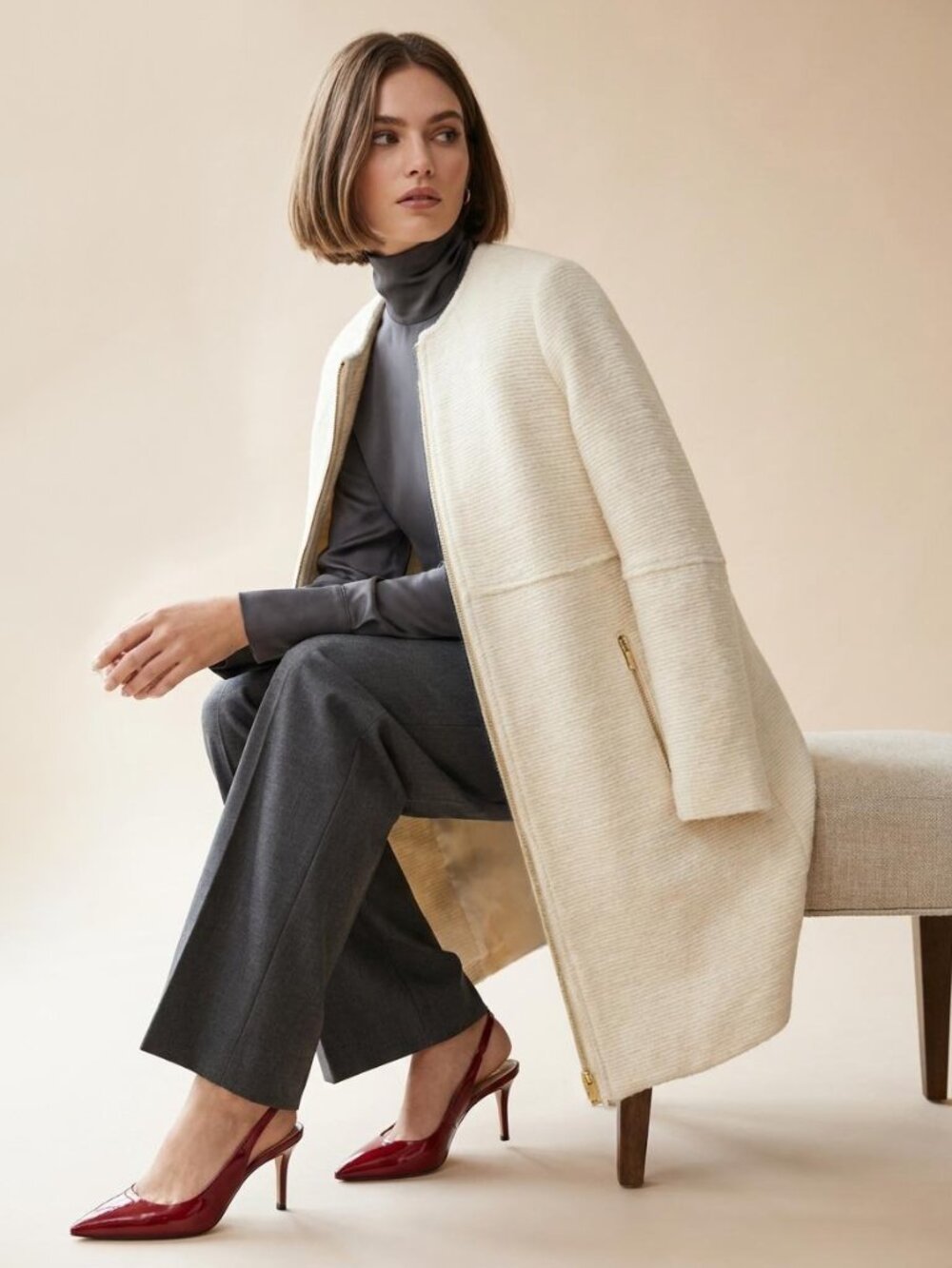 NWT Zara Basic Ivory Textured Mohair & Wool Blend Zip-Up Coat - XS